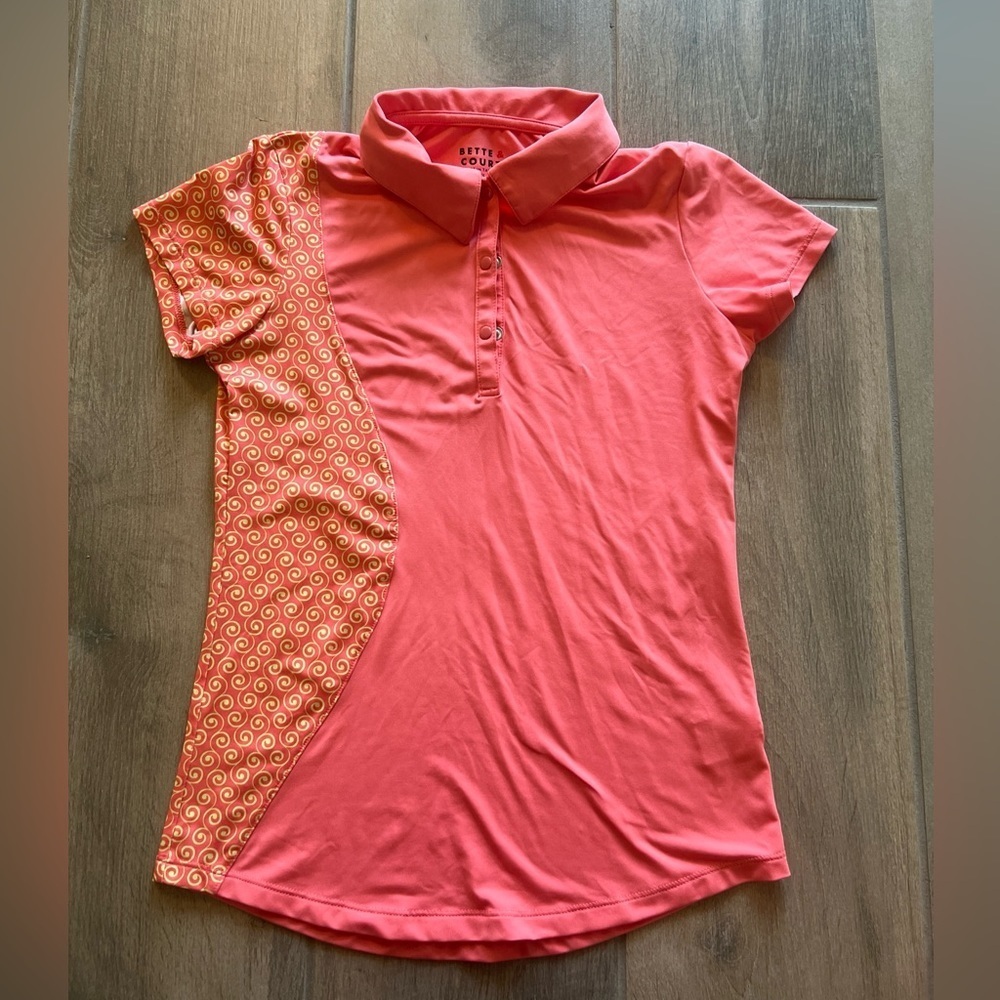 Bette & Court  Coral Pink/orange Collared Half Sleeve Activewear T Shirt In XS